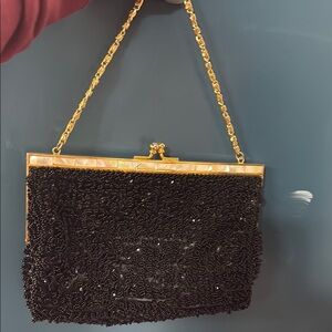 Black and Gold Sequin Clutch with Chain Strap . Vintage made in HongKong